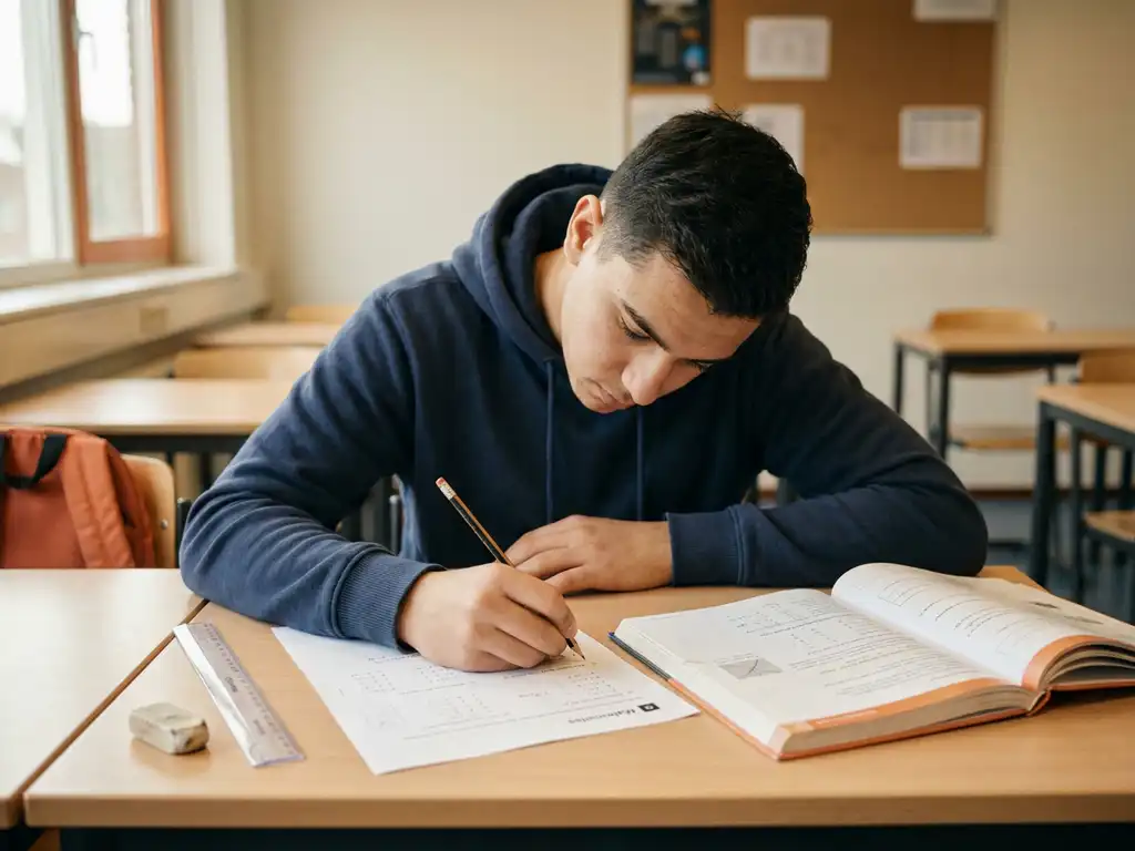MBO-student werkt geconcentreerd aan een wiskunde werkblad met een open leerboek, potlood en liniaal op een klaslokaalbureau.