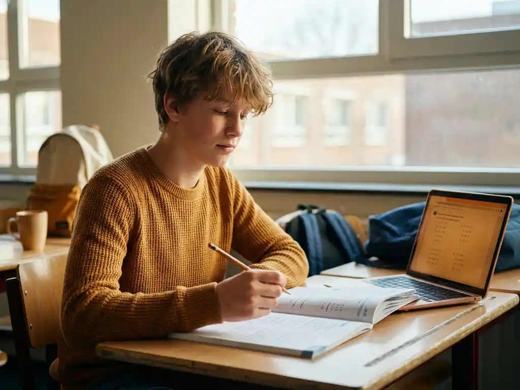 Nederlandse middelbare scholier werkt aan rekenoefeningen in een wiskundewerkboek aan een houten bureau, met laptop op de achtergrond.