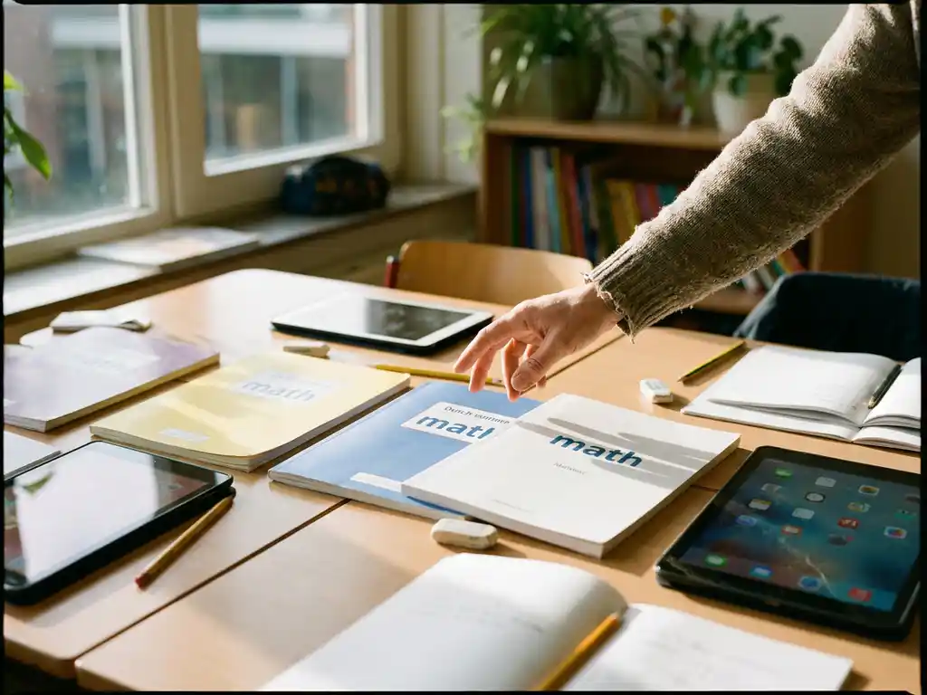 Leraar die hand beweegt over kleurrijke werkboeken en tablets op een zonnig klaslokaalbureau, zachte gele en blauwe tinten.
