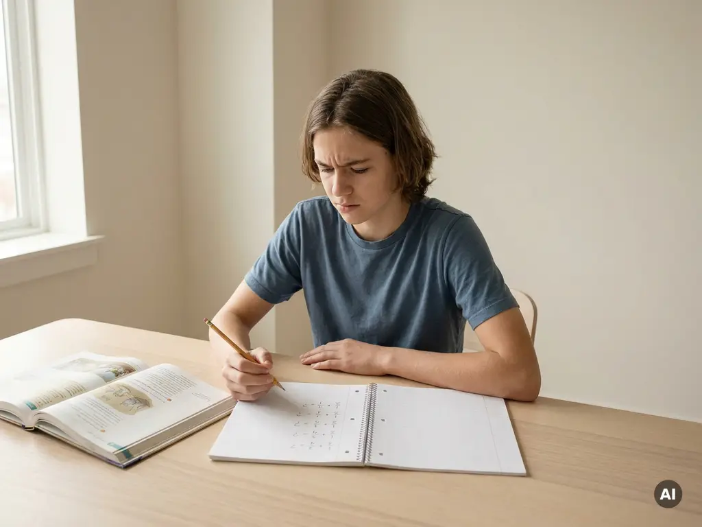 Tiener aan houten bureau met notitieboek vol breukopgaven, potlood in hand, gefocuste en licht gefrustreerde blik, zacht natuurlijk licht.