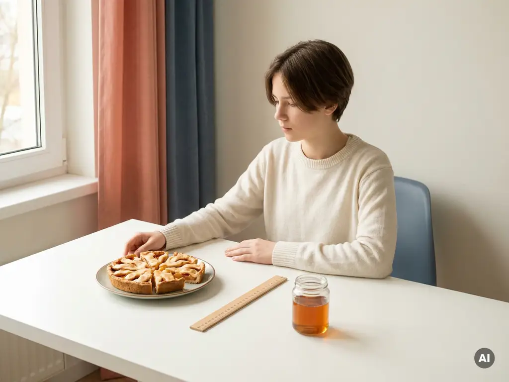Tiener aan wit bureau met taartpunten, liniaal en gevulde pot als visuele uitleg van breuk, maat en verhouding.