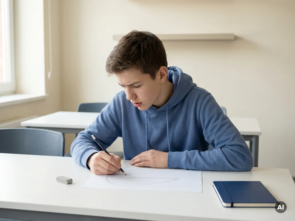 Middelbare scholier gebogen over grafiekpapier met lineaire en gebogen functie, potlood in hand, peinzende uitdrukking, zacht natuurlijk licht.