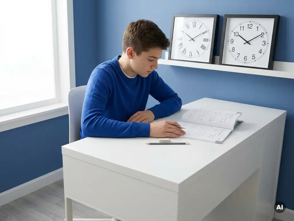 Tiener aan wit bureau vergelijkt twee analoge klokken met wiskundewerkboek en potlood in natuurlijk licht.