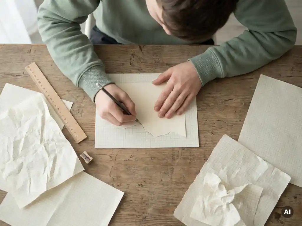 Tiener die met potlood de grillige rand van een onregelmatige papiervorm natekent op een houten bureau, met grafiekpapier en liniaal erbij.