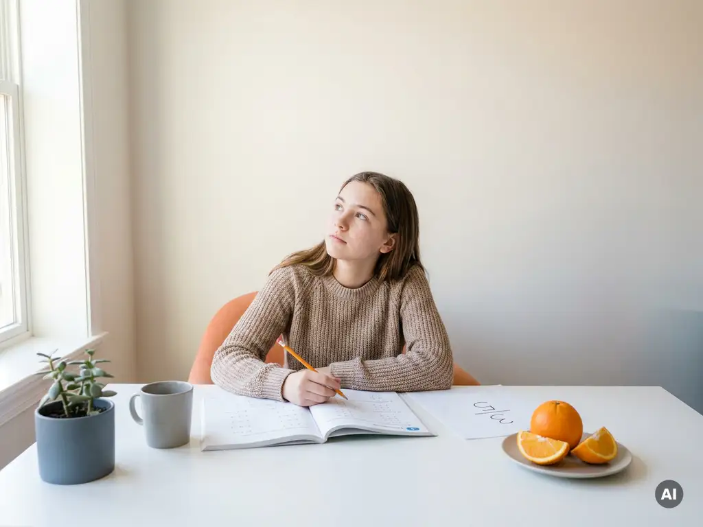 Tiener aan wit bureau met wiskundeschrift, breuk op papier naast sinaasappel in ongelijke stukken, zacht daglicht.