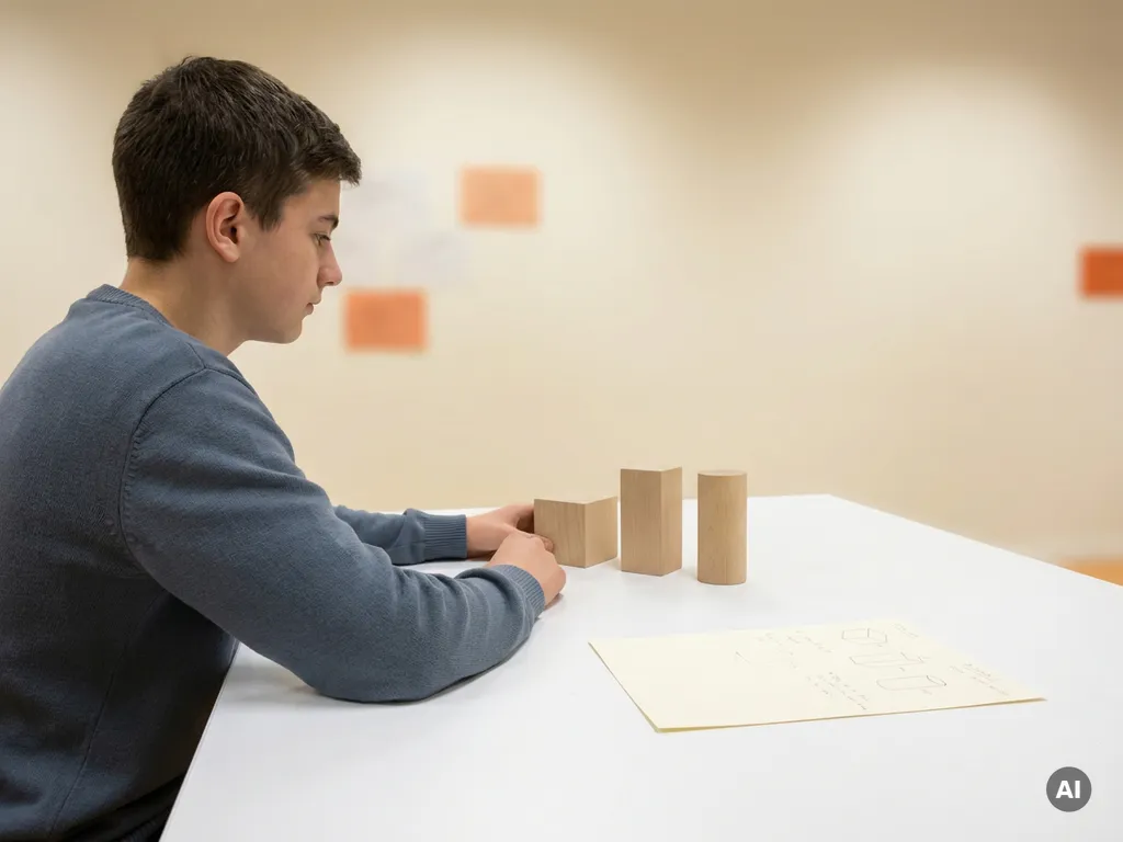 Tiener aan wit bureau studeert geometrische vormen met houten modellen van kubus, blok en cilinder naast schetsaantekeningen.