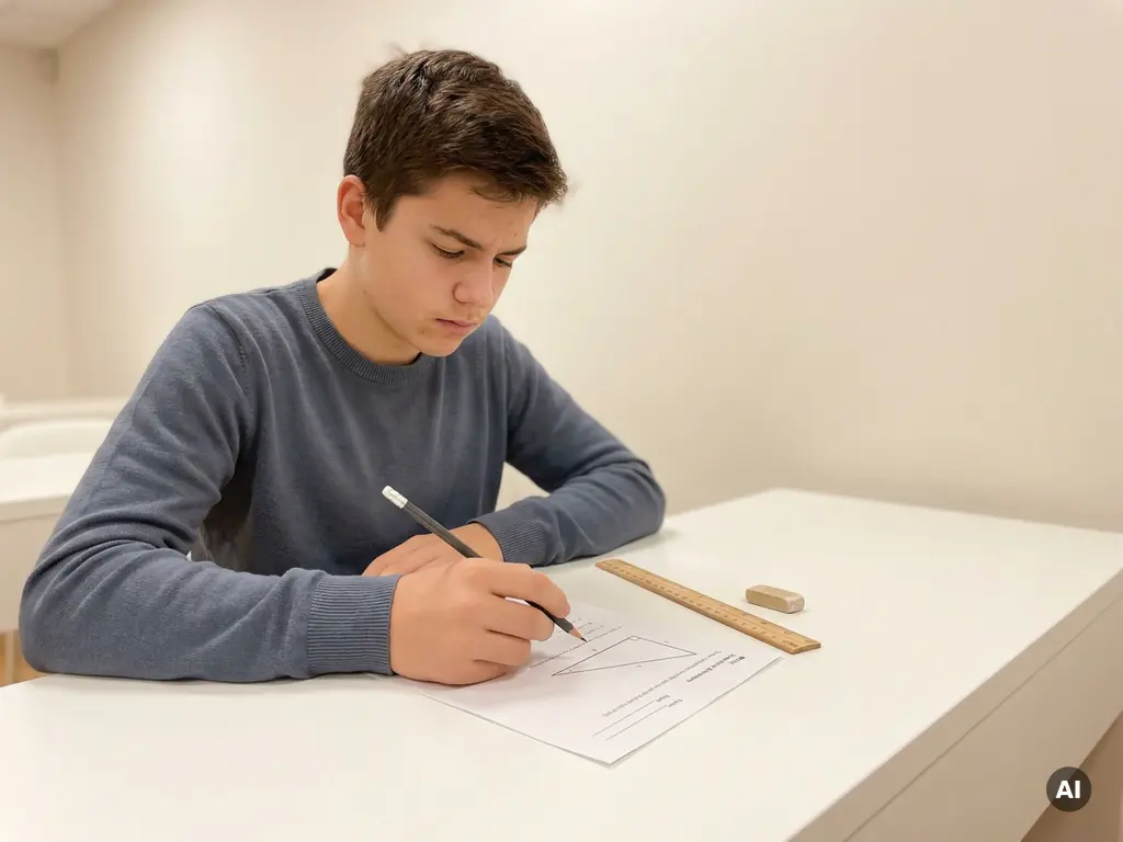 Tiener werkt geconcentreerd aan een meetkunde-opgave met een rechthoekige driehoek, potlood en liniaal op wit bureau.