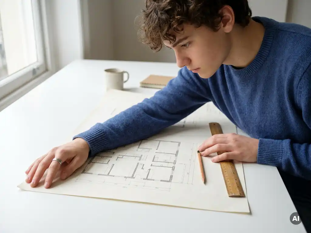 Tiener buigt zich over een architectonische plattegrond op wit bureau, met houten liniaal en potlood, in zacht zijdelings daglicht.