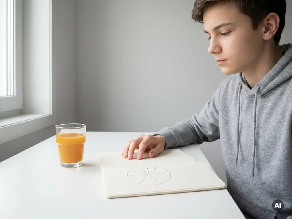 Tiener aan wit bureau met notitieboek met handgetekende cirkeldiagram, glas sinaasappelsap als breukmetafoor, rustige studeersfeer.