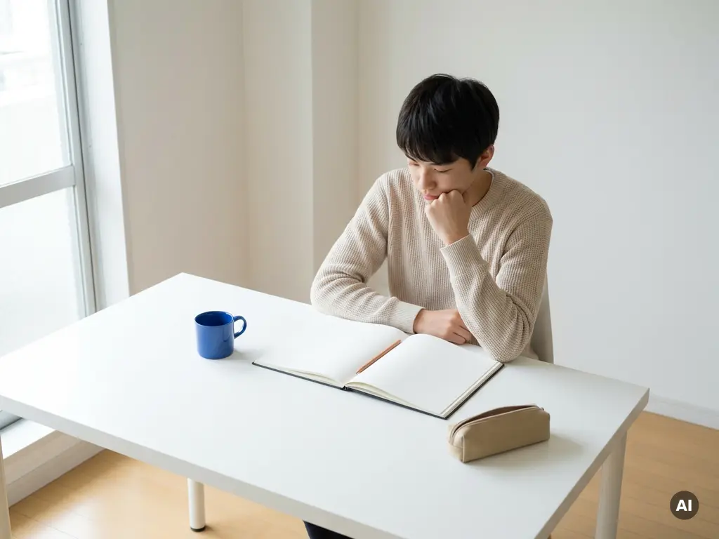 Tiener aan wit bureau met notitieboek en potlood, hand onder kin in concentratie, zacht natuurlijk zijlicht.