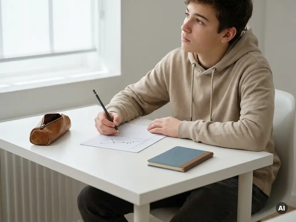 Tiener aan wit bureau met potlood boven een schaarse datatabellen op ruitjespapier, zacht natuurlijk licht.