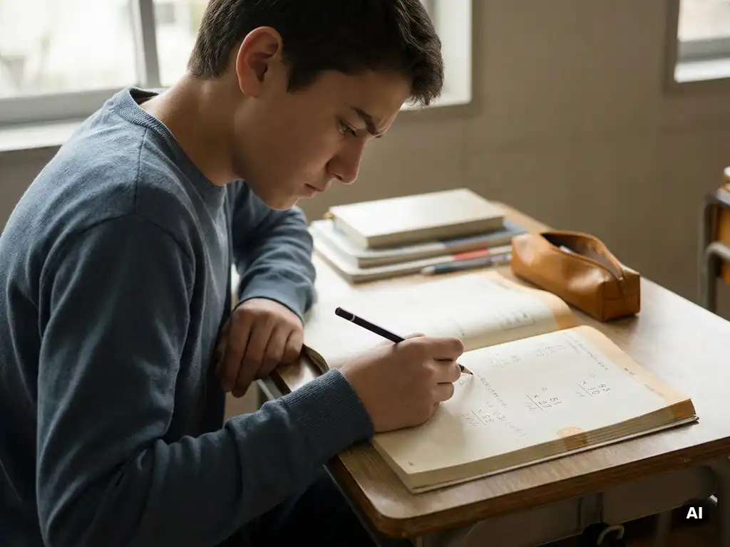 Tiener met gefronst voorhoofd over wiskundewerkboek met decimale vermenigvuldiging, potlood in hand, aan houten schoolbank.