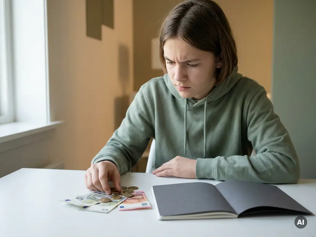 Tiener kijkt bezorgd naar euro's en verfrommelde bankbiljetten op wit bureau, open notitieboek ernaast.