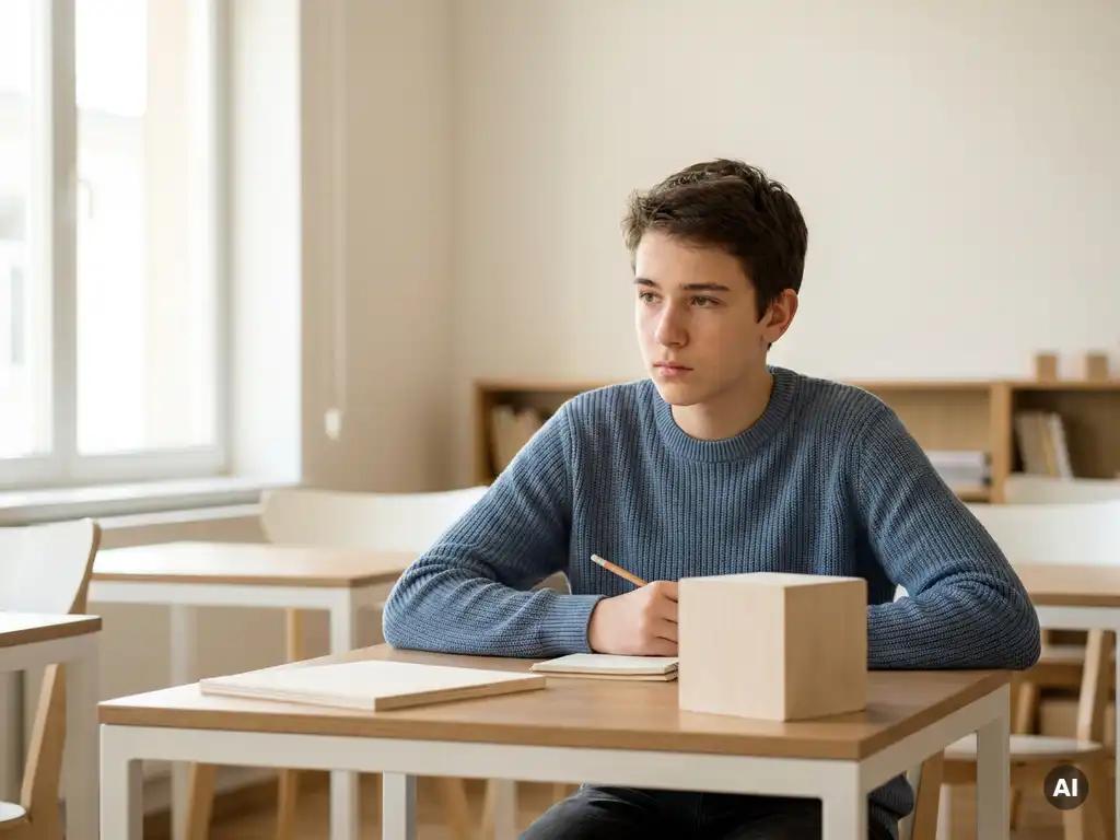 Tiener aan wit bureau vergelijkt houten modellen van een vierkant en een kubus, met potlood en notitieboek, in rustige klasomgeving.