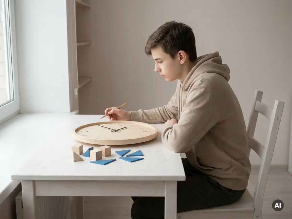 Tiener aan wit bureau, peinzend kijkend naar een analoge klok, potlood in de hand, minimalistisch daglicht.