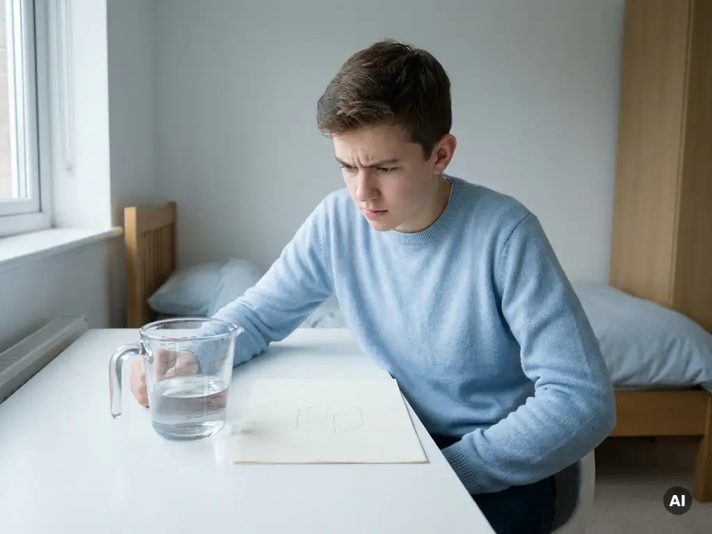 Tiener aan wit bureau bestudeert maatbeker met water naast schets van kubus op papier, zacht natuurlijk zijlicht.