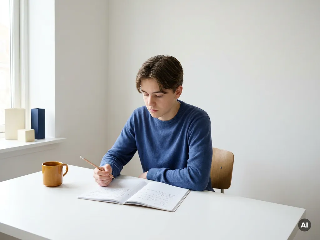 Tiener aan wit bureau met potlood boven halfgevuld notitieboek, geconcentreerde blik, zacht zijdelings daglicht.