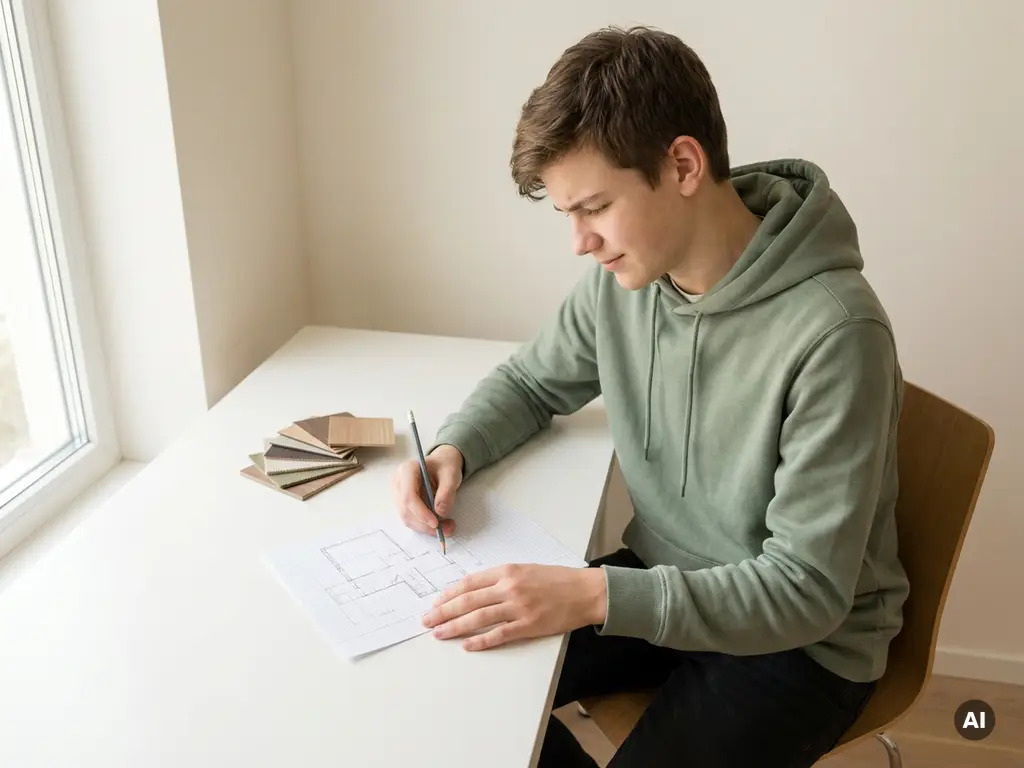Tiener die geconcentreerd een plattegrond tekent op millimeterpapier, met materiaalstalen op een wit bureau in zacht daglicht.