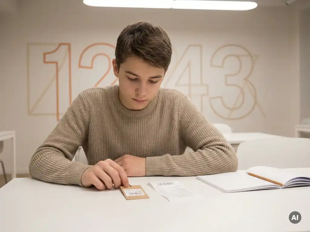 Tiener aan wit bureau bestudeert prijskaartje en kassabon met potlood en open notitieboek, warme beige tinten.