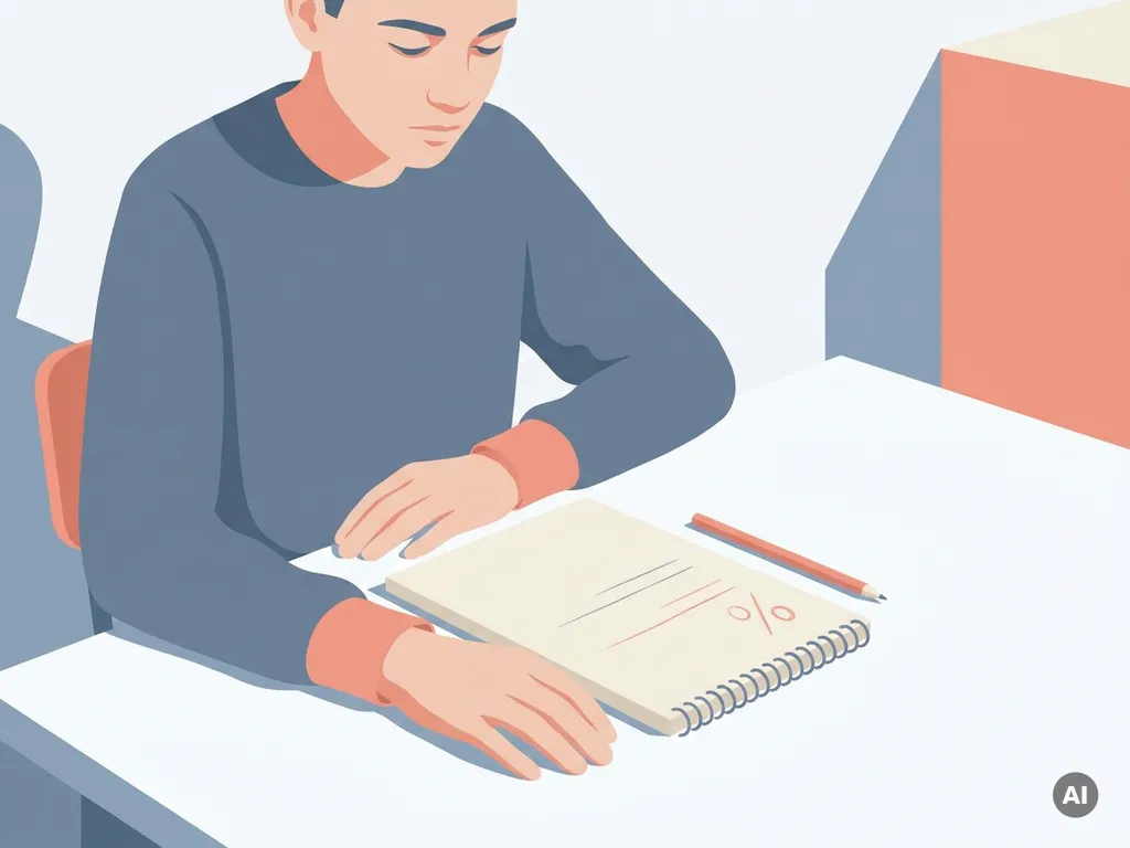 Tiener aan wit bureau kijkt naar halfgevuld notitieboek met procentteken en rustende potlood.