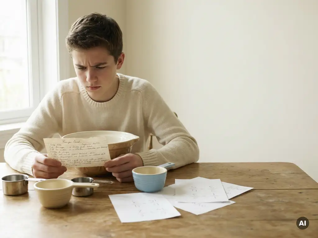 Tiener fronst naar een handgeschreven recept op houten tafel, omringd door maatbekers, mengkom en breuknotities op papier.