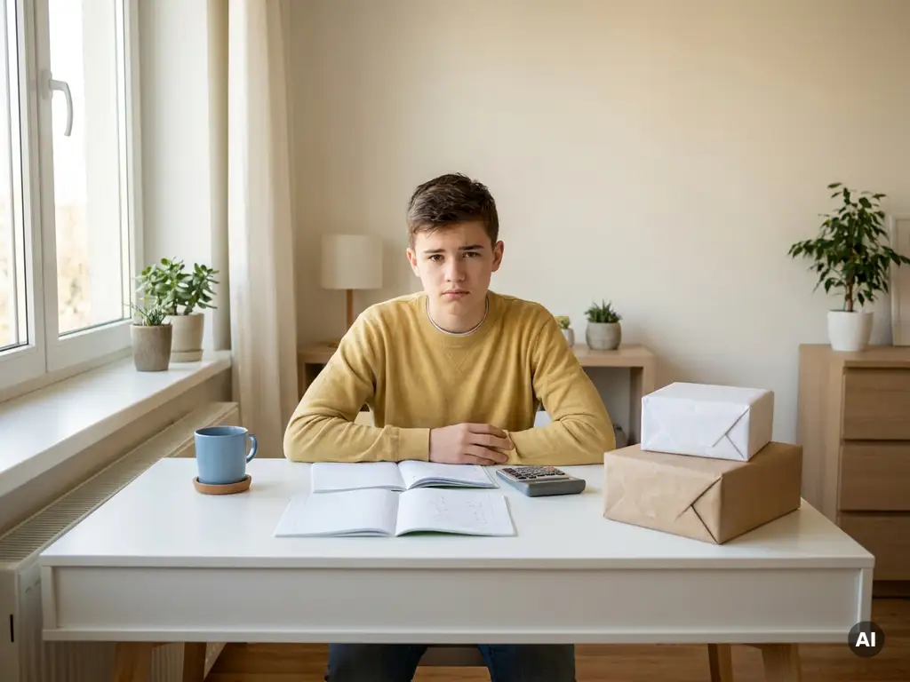Tiener vergelijkt twee productverpakkingen op bureau met calculator en notitieboek om eenheidsprijzen te berekenen.