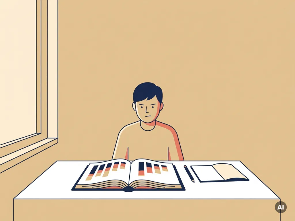 Tiener aan wit bureau bekijkt gefronst een leerboek met gestapelde staafdiagrammen, potlood en leeg notitieboek ernaast.