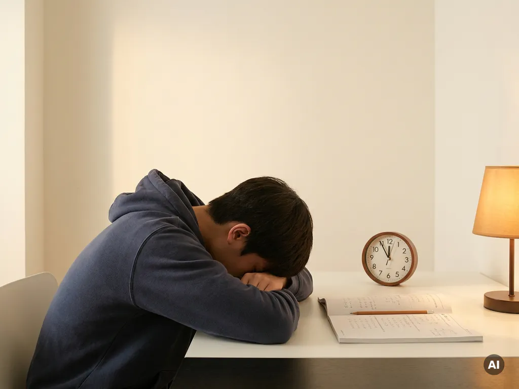 Uitgeputte tiener ingeslapen aan bureau met wiskundeschrift, klok wijst bijna middernacht aan, potlood nog in hand.