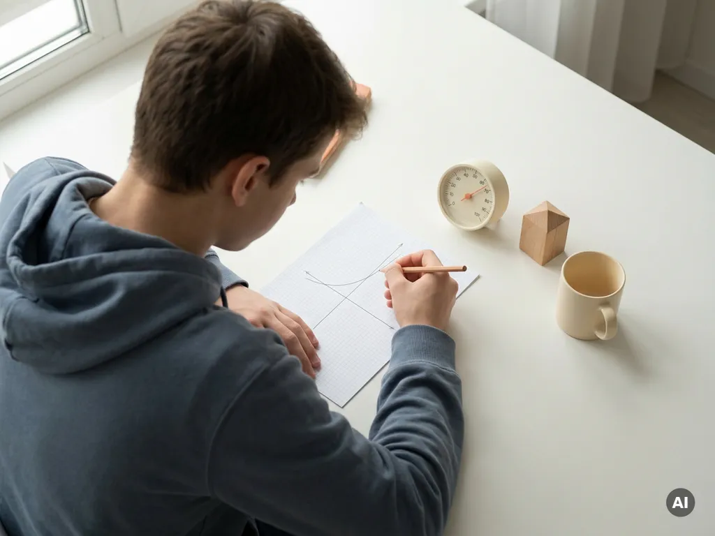 Tiener die een wiskundeberekening maakt op grafiekpapier met een curve en rechte lijn, analoge snelheidsmeter op bureau.