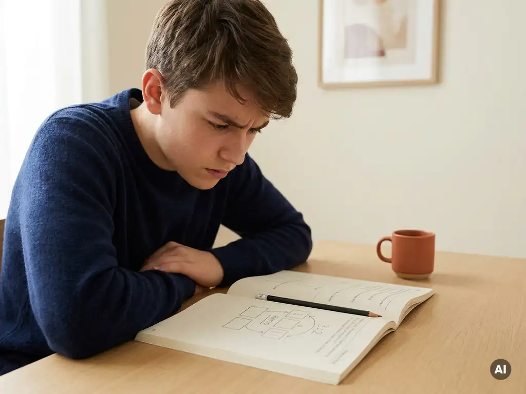Tiener fronst over open wiskundeschrift met handgetekend verhoudingsdiagram, potlood dwars op pagina, zacht natuurlijk zijlicht.