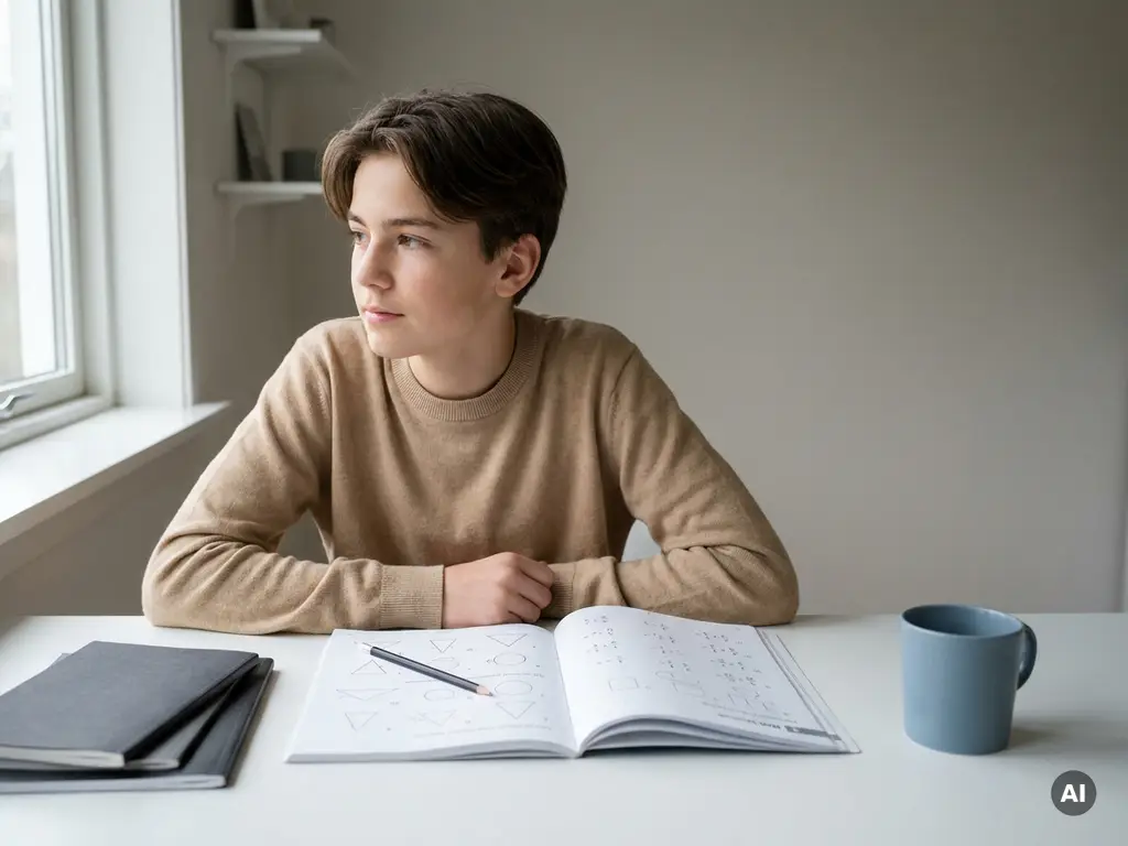 Tiener aan wit bureau met open wiskundeschrift met meetkundige vormen en breukopgaven, zacht natuurlijk zijlicht.