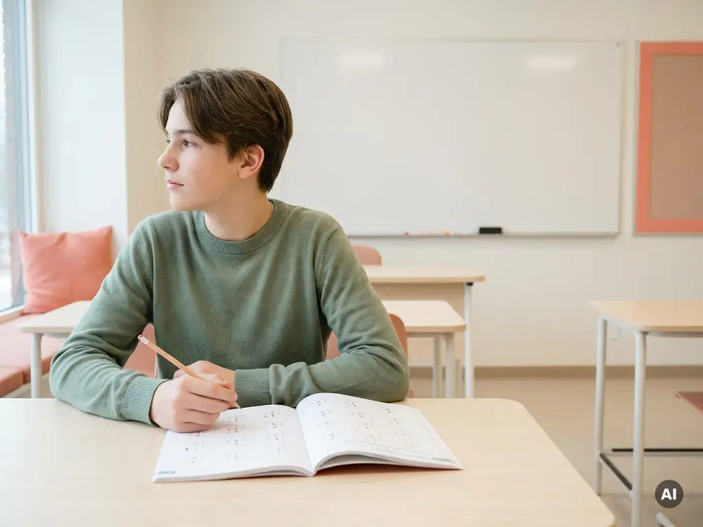 Tiener staart peinzend naar een open wiskundeschrift op een schoolbank, potlood in de hand, zacht natuurlijk licht.