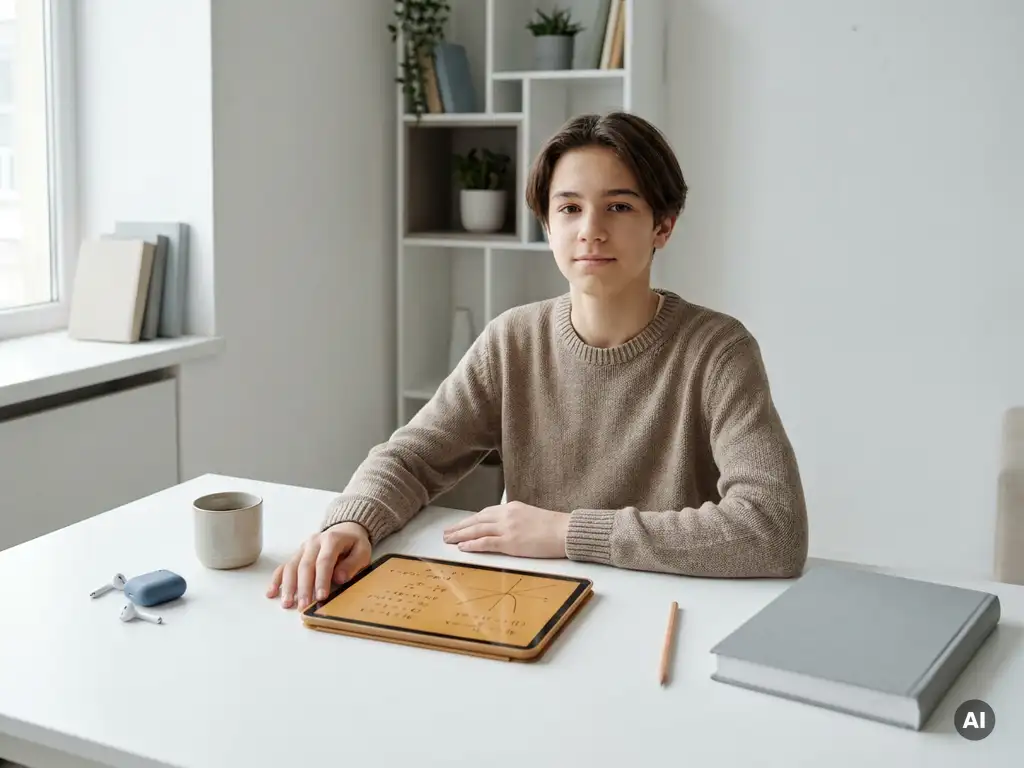 Tiener aan wit bureau met gloeiende tablet met wiskundeoefening, gesloten tekstboek en ongebruikt potlood in zacht natuurlijk licht.