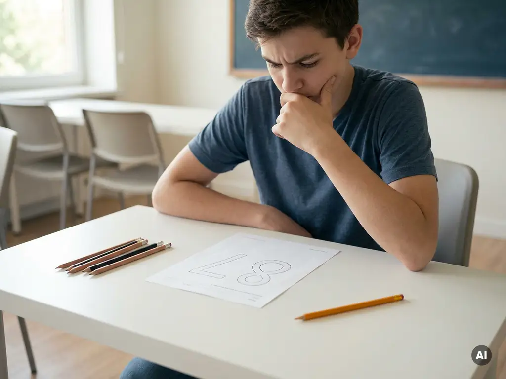 Tiener aan wit bureau kijkt verward naar een groot getal op werkblad, met verspreide potloden waarvan één opvallend misplaatst ligt.