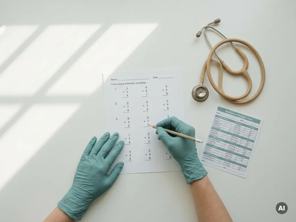 Handen van een verpleegkundestudent die rekenwerk oplost naast een stethoscoop en medicatiedoseringskaart op een wit bureau.