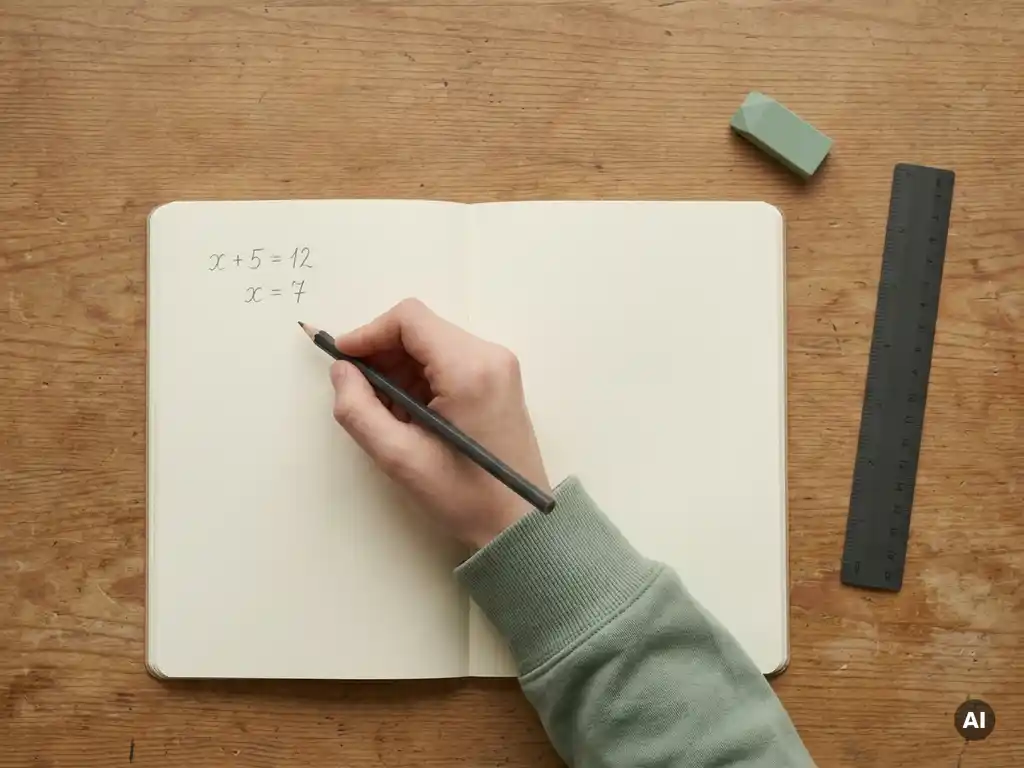 Hand van een student die aarzelt boven een notitieboek met een opgeloste algebraformule naast een blanco rekenkundige pagina.