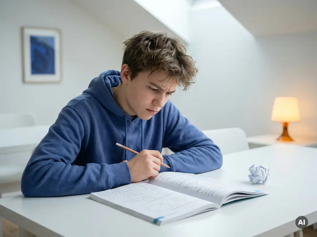 Gefrustreerde tiener leunt over wiskundewerkboek aan wit bureau, verfrommeld papier naast zich, in rustige blauwtinten.
