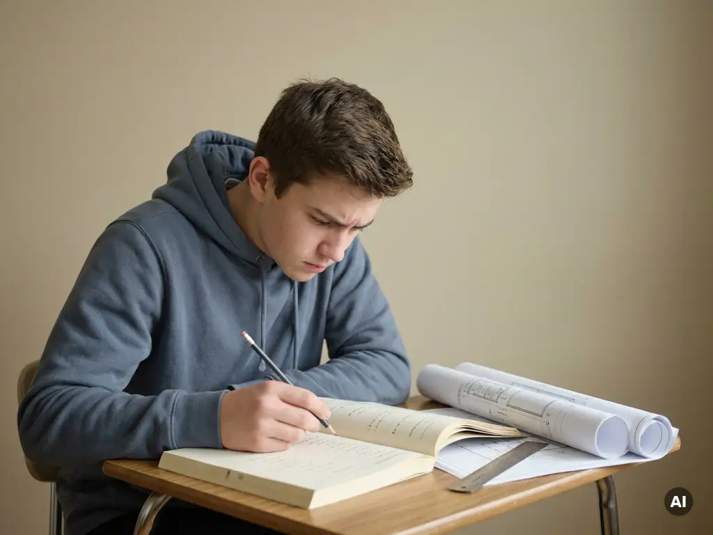Tiener van 16 concentreert zich fronsend op wiskundeopgaven in werkboek, potlood in hand, constructietekeningen en liniaal op schoolbank.