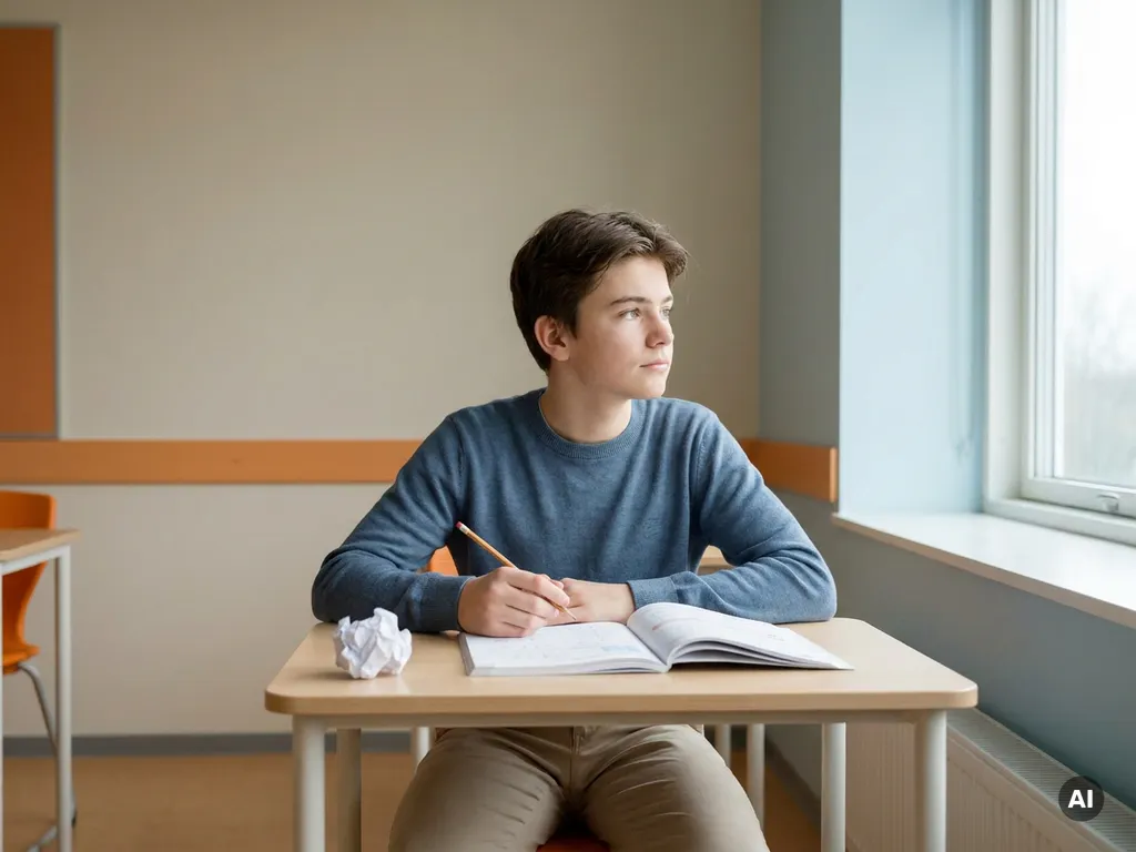 Tiener aan houten bureau met open wiskundeschrift, potlood in hand en verfrommeld papier, in rustig verlicht Nederlands klaslokaal.