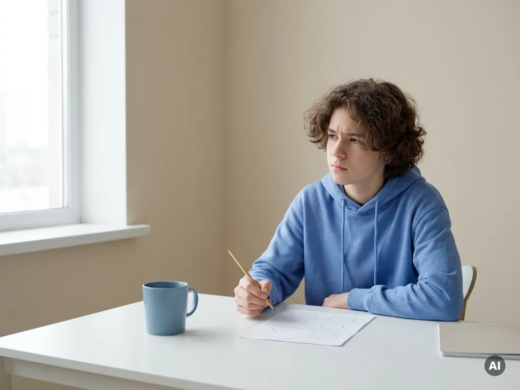 Tiener aan wit bureau met potlood boven wiskundewerkblad, geconcentreerde blik, natuurlijk zijlicht in minimalistische klasomgeving.