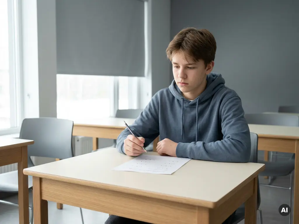 Tiener van ongeveer 16 jaar twijfelt met potlood in de hand boven een wiskundewerkblad aan een schoolbank.