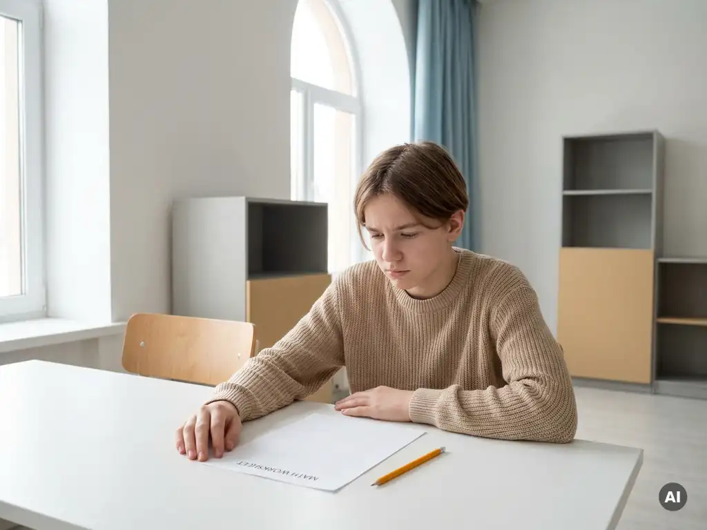 Tiener aan wit bureau staart naar leeg rekenblad met ongebruikt potlood, zachte natuurlijke belichting in moderne klas.