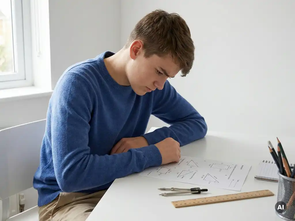 Tiener fronst naar een meetkundeblad aan wit bureau, met liniaal en passer naast schetsen van maateenheden.