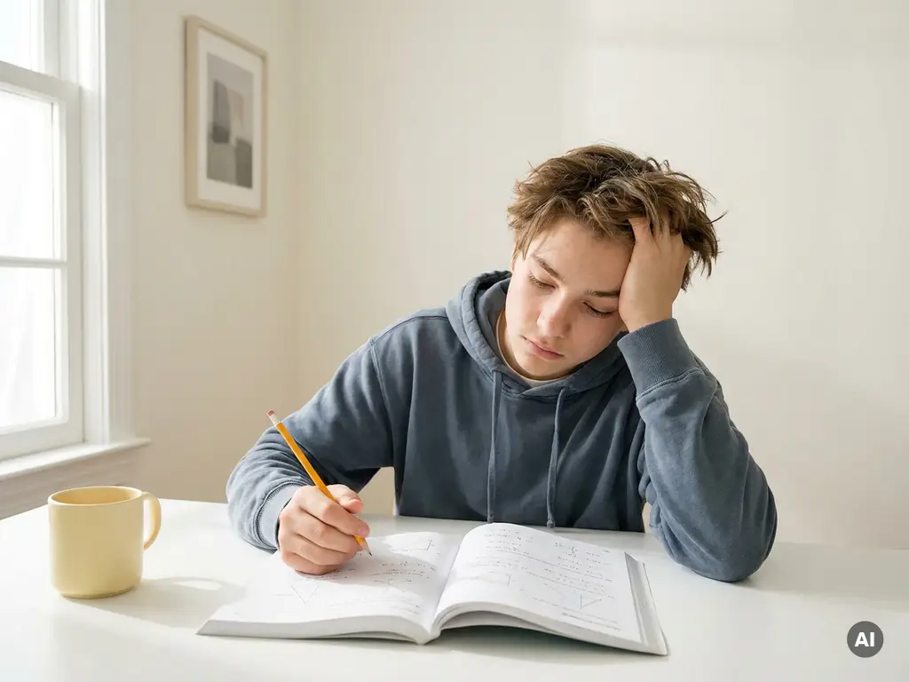 Tiener leunt vermoeid over wiskundewerkboek aan wit bureau, potlood in hand, zacht ochtendlicht op de pagina's.