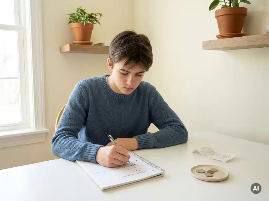Tiener lost algebrasom op in notitieboek aan wit bureau, met kassabon en munten opzij, in Scandinavische studeerruimte.