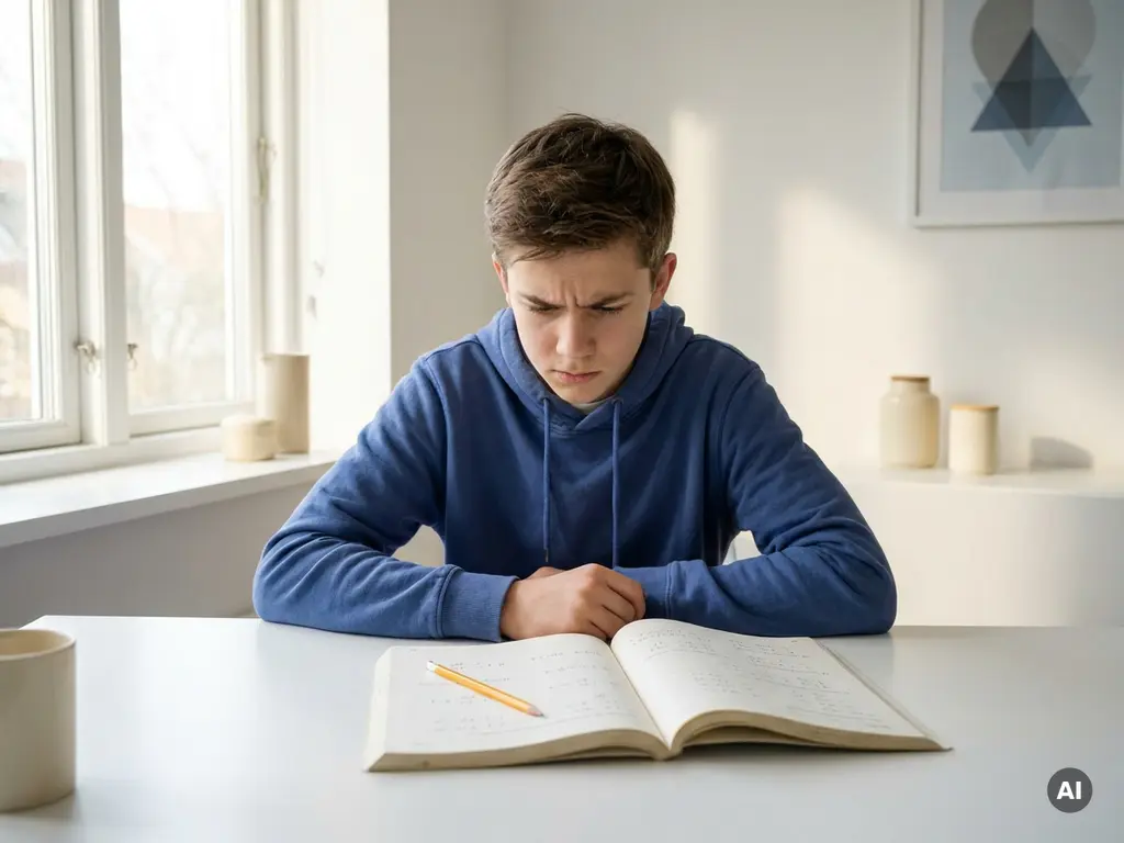 Tiener die geconcentreerd over een wiskundewerkboek fronsend aan een wit bureau zit, potlood diagonaal op de pagina.