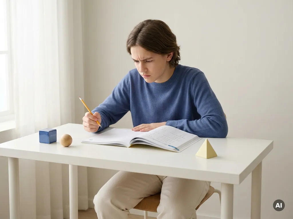 Tiener aan wit bureau met gefronste wenkbrauwen over open wiskundewerkboek, potlood in hand, zacht natuurlijk licht.