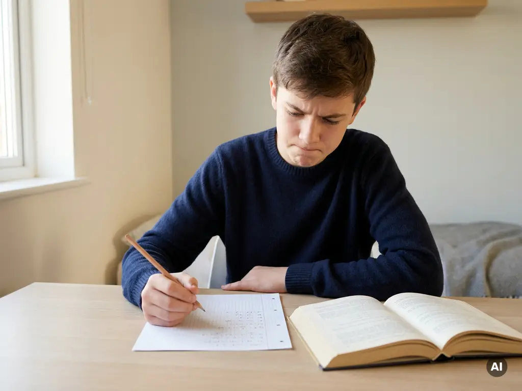Tiener aan houten bureau met potlood boven grafiekpapier, wiskundeboek open naast hem, gefocust in zacht natuurlijk licht.