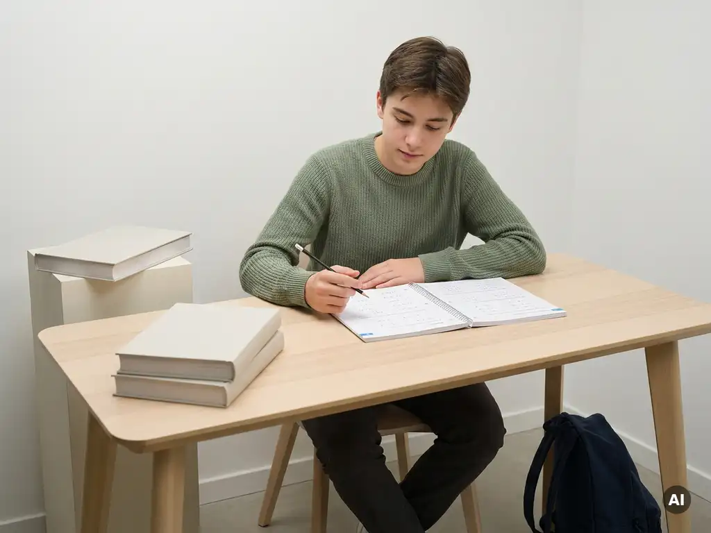 Tiener staart peinzend naar een open wiskundewerkboek aan een minimalistische bureau, potlood in de hand.