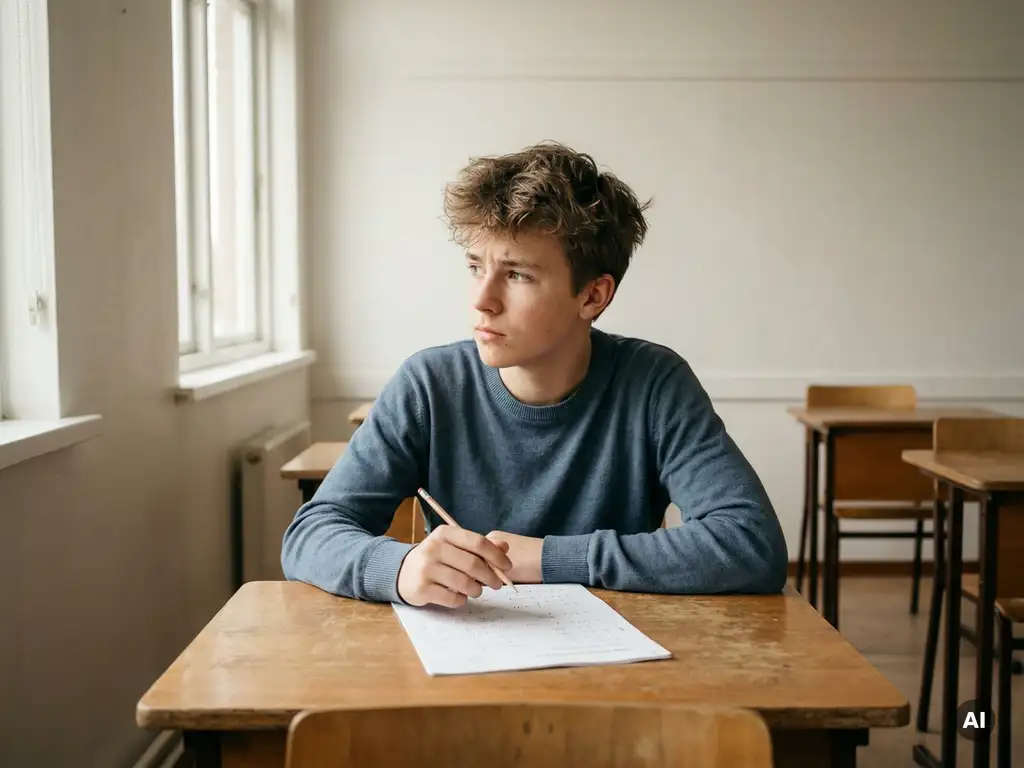 Tiener aan houten bureau staart peinzend naar wiskundewerkblad met potlood in hand, zacht raamlicht, rustige klasomgeving.